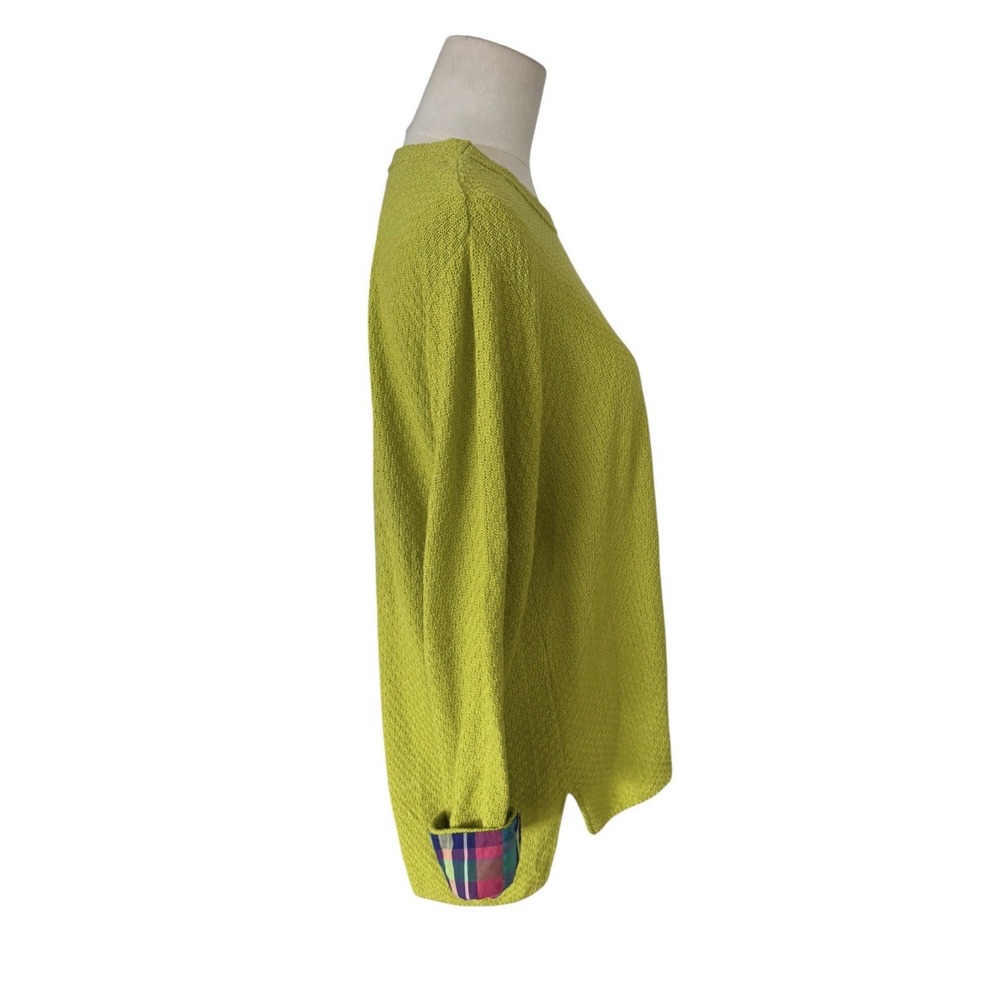 Margaret Winters Lime Green Textured Knit Sweater Plaid Cuff Top Medium